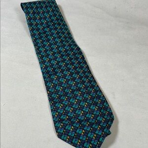 George Bass New Orleans Luxury 100% Silk Geometric Print Necktie Turquoise/Navy